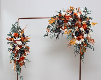 Burnt orange ivory navy blue wedding Boho wedding Flower arch arrangement  Wedding flowers Wedding corner swag Flowers wedding arrangement