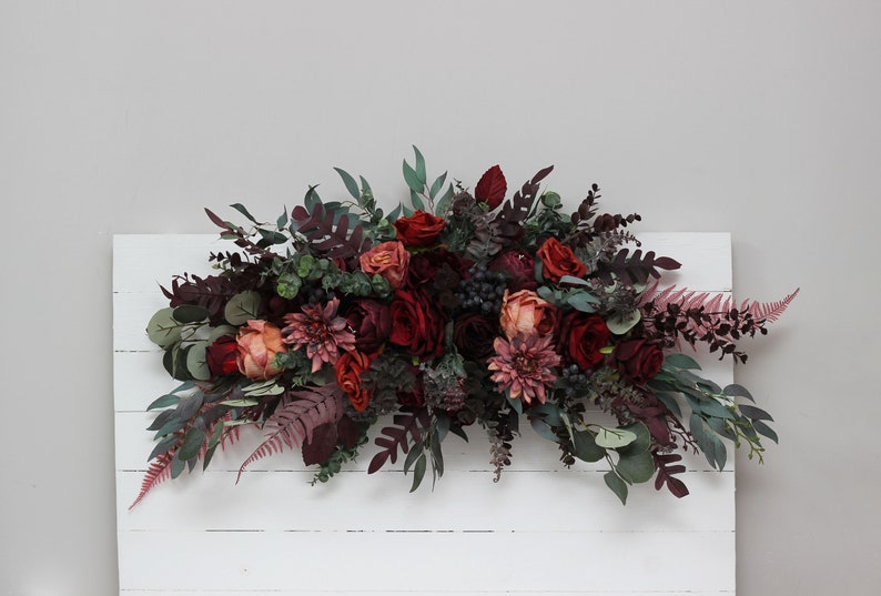 Deep burgundy red blue arch arrangement Arch flowers Fall wedding Archway flowers Pergola flowers Wedding arch image 3