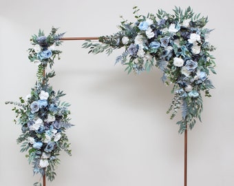 Dusty blue white flowers Arch arrangement Boho wedding  Wedding arch flowers  Faux flowers wedding arrangement