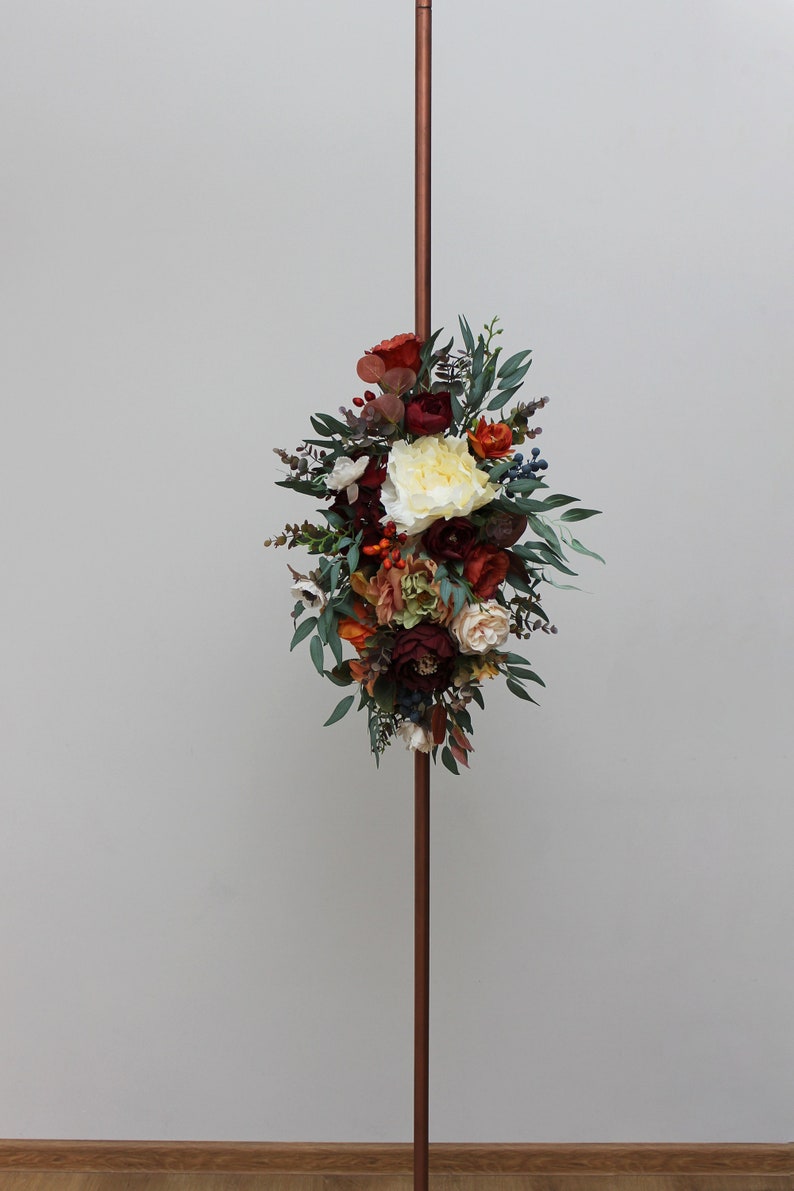 Rust burgundy flowers Flower arch arrangement Wedding corner swag Faux flowers wedding arrangement Orange burgundy fall wedding Tie back  20”