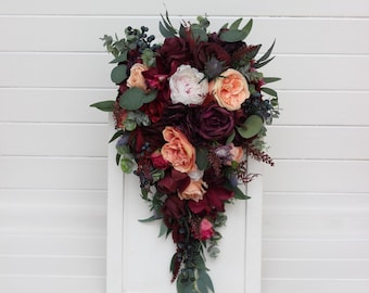 Cascade bouquet Deep purple peach burgundy flowers Hot pink bridal bouquet Faux bouquet Fall wedding  Faux blooms Boho wedding