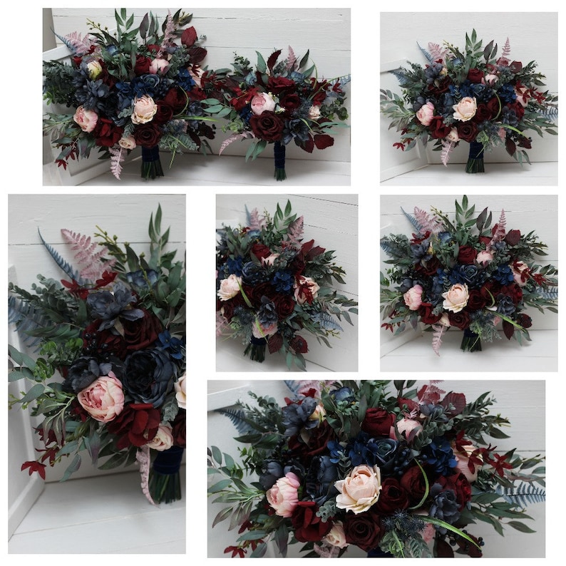 Burgundy Navy Blue Blush Pink Flowers Bridal Bouquet Faux Etsy