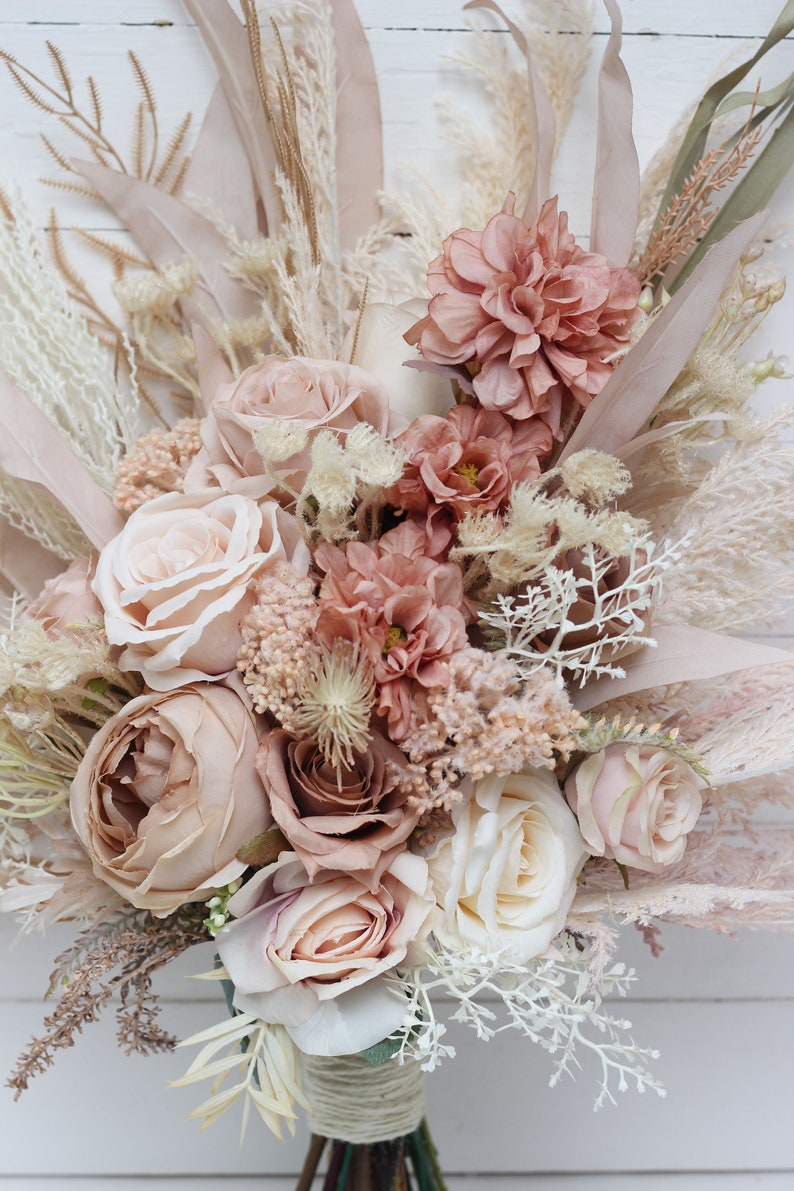 Pampas Grass Bouquet Beige Ivory Blush Pink Flowers Bridal - Etsy