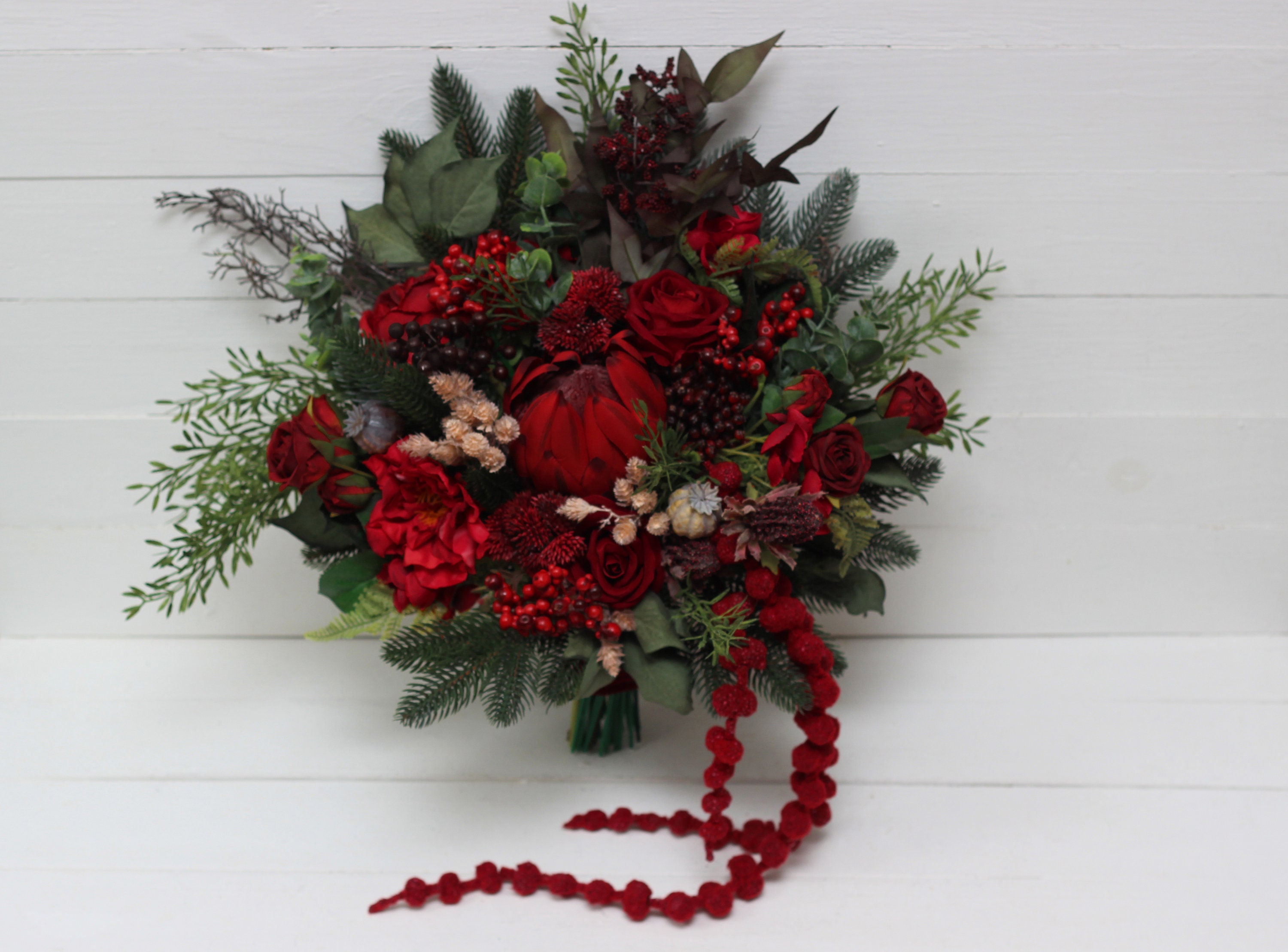 Winter pine bouquet Red protea bouquet Faux cones bouquet Classic wedding Vine silk flowers Boho wedding Hunter green bouquet