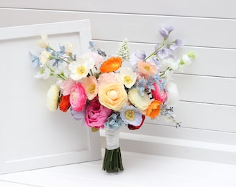 Colorful bridal bouquet Orange peach dusty blue ivory pink bouquet Summer wedding Wildflowers bouquet Bridesmaid bouquet