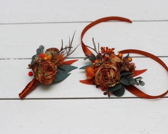 Rust Terracotta Burnt orange flowers  Fall wedding Fiance Groom Groomsmen buttonhole Mother wrist corsage Wedding accessories Boho wedding