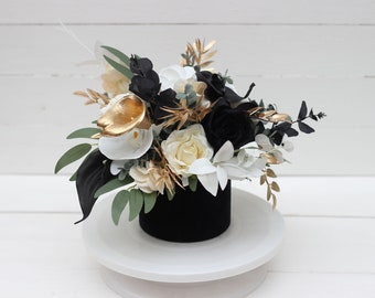 Black gold white centerpiece Orchid flowers Fall wedding Halloween wedding centerpiece Table centerpiece Home floral decor Flowers in box