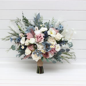 Wedding bouquet in dusty mauve dusty blue ivory colors Bridal rustic bouquet Boho faux bouquet bridesmaid bouquet Wildflowers arrangement