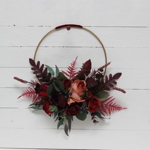 Deep burgundy red blue floral hoop Alternative bridesmaid bouquet Boho wedding Floral backdrop Fall wedding- diameter 12"