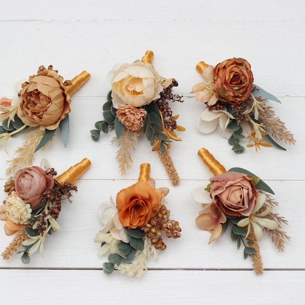 Boho flowers Orange rust ivory boutonnieres Flower accessories Boutonniere Buttonhole Wedding flowers Groom Groomsmen Fall