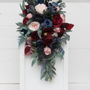 Cascading bouquet Burgundy navy blue blush pink flowers Bridal bouquet Faux bouquet Blue thistle Wedding silk flowers Boho wedding