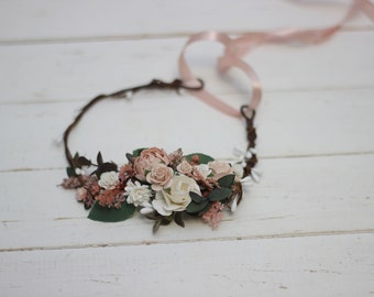 Fall wedding Orange blush pink floral crown Floral headpiece Flower girl hairpiece Bridal flowers Hair wreath Wedding hair accessories