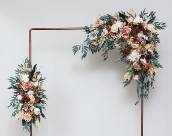 Orange rust cinnamon peach floral arch arrangement Fall wedding Boho wedding Wedding corner swag Faux flowers wedding Flower tie back