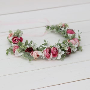 SALE Flower girl crown Pink white burgundy Eucalyptus floral crown Wedding hair wreath Bridal headpiece Bridesmaid headband Maternity crown image 1