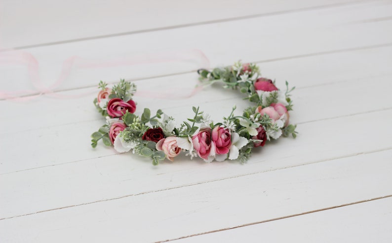 SALE Flower girl crown Pink white burgundy Eucalyptus floral crown Wedding hair wreath Bridal headpiece Bridesmaid headband Maternity crown image 1