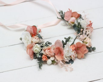 Blush pink peach white floral crown Wedding headpiece Fall wedding Bridal hairpiece Bridesmaid crown Maternity crown