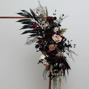 Listing for one arch arrangement ONLY Deep purple black gold beige Halloween wedding Boho wedding flowers Faux flowers wedding arrangement