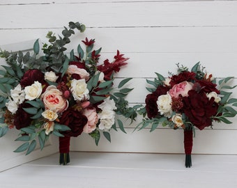 Burgundy ivory blush pink flowers Bridal bouquet Faux bouquet Blue thistle Wedding Faux flowers  Boho wedding