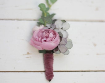 Boho wedding boutonniere Pink peony Blush pink gray eucalyptus floral accessories Groom Groomsmen buttonhole