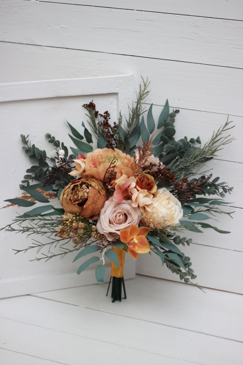 Boho bouquet Orange rust peach flowers Bridal bouquet Faux bouquet Fall wedding Silk flowers Boho wedding width 20 inch image 4