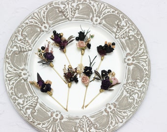 Set of 8 bobby pins Deep purple black gold beige flowers Fall wedding Bridal flowers Flower hair pins Halloween wedding Hairpiece Bridesmaid