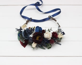 Burgundy ivory navy blue flower crown Flower accessories Wedding flowers Fall wedding Flower girl crown