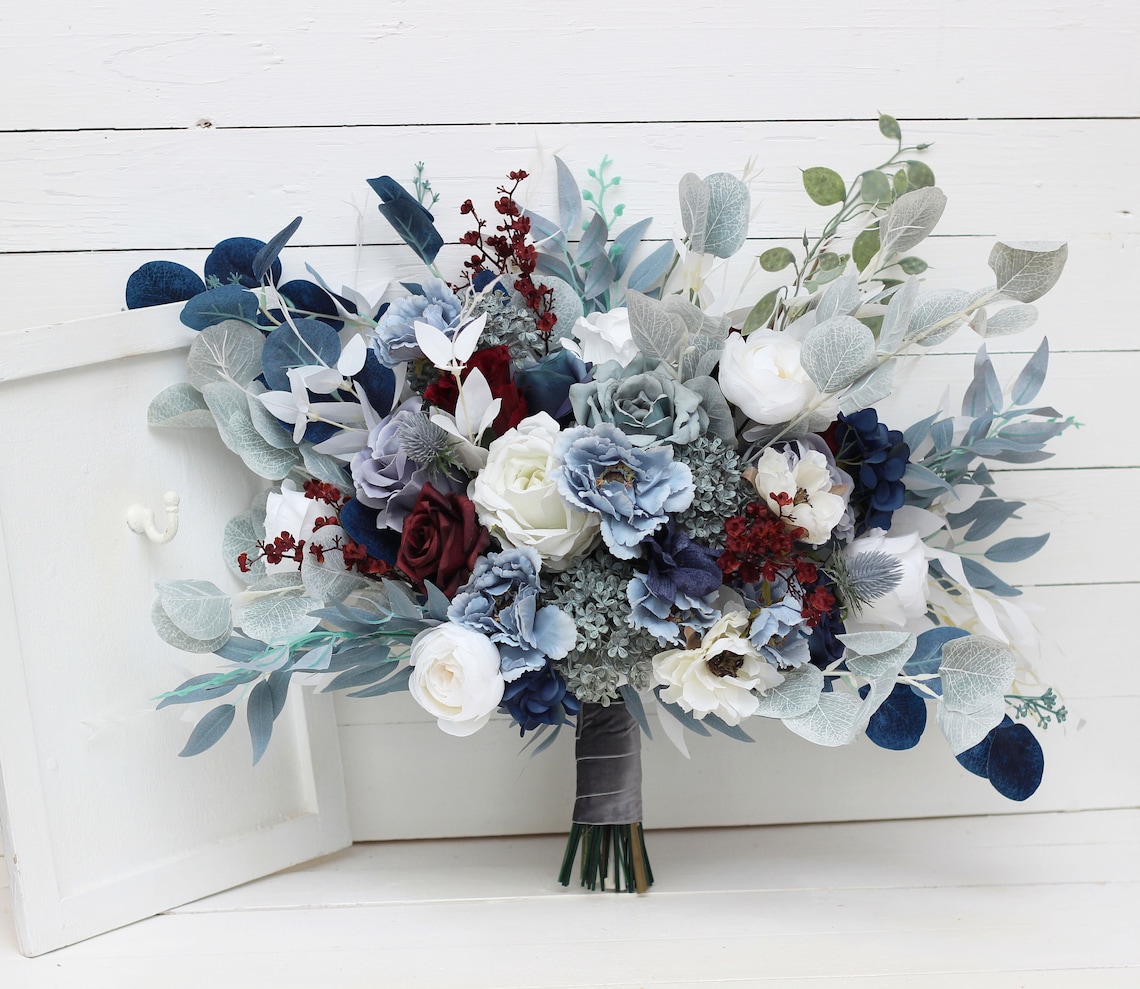 Dusty blue navy blue burgundy bridal bouquet Peonies blue image 1