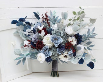 Dusty blue navy blue  burgundy bridal bouquet -  Peonies blue thistle anemone bouquet Bridal bouquet Wedding flowers