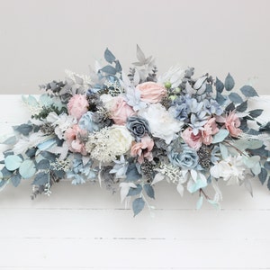 Dusty blue blush pink white arch flowers Peonies arrangement Pink wedding archway flowers Arbor flowers Pergola flowers Flower arrangement