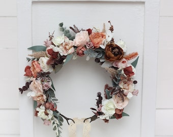 Beige terracotta white  flowers Wedding accessories Bridal flower crown