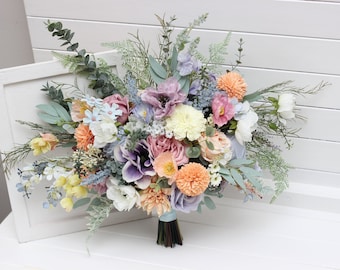 Summer spring wedding Colorful bouquet Bridal bouquet Wildflowers bouquet Bridesmaid bouquet Peach purple dusty blue bouquet