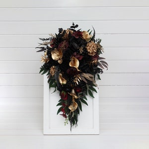 Cascading bouquet Burgundy black gold  flowers Fall bridal bouquet Faux bouquet Fall wedding Halloween wedding Gothic wedding