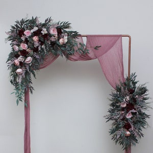 Burgundy wedding - Pink peonies Red roses  Flower arch arrangement  Wedding flowers Wedding corner swag Faux flowers wedding arrangement