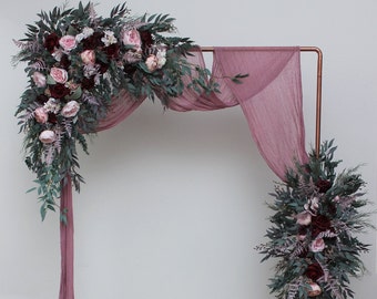 Burgundy wedding - Pink peonies Red roses  Flower arch arrangement  Wedding flowers Wedding corner swag Faux flowers wedding arrangement