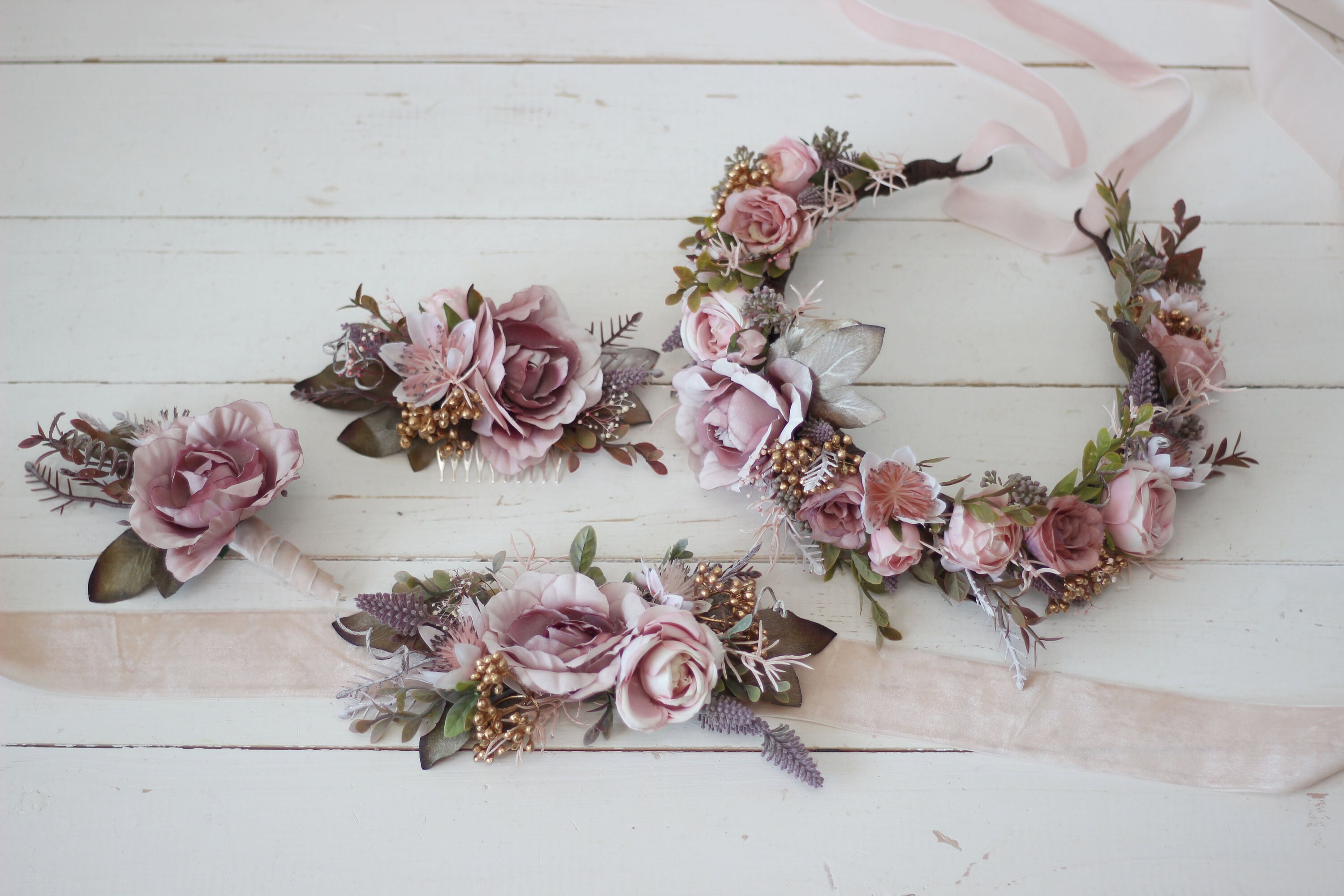 Dusty Rose Blush Pink Flower Crown Vintage Style Gold Wedding | Etsy