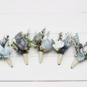 Dusty blue white boutonniere Floral  accessories Men's boutonniere Groom Groomsmen buttonhole Wedding flowers Fall wedding Wrist corsage