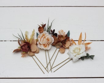 2-5 days to USA Set of 4 hair pins Rust brown ivory flowers Fall wedding Boho wedding