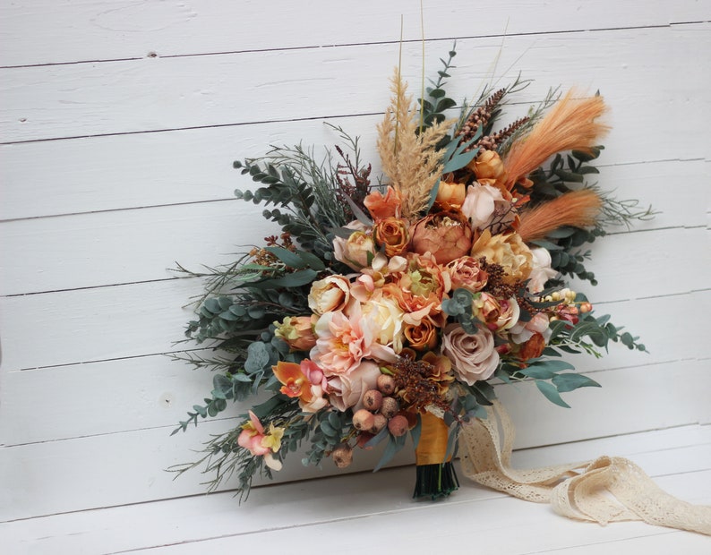 Boho bouquet Orange rust peach flowers Bridal bouquet Faux bouquet Fall wedding Silk flowers Boho wedding width 20 inch image 5