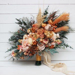 Boho bouquet Orange rust peach flowers Bridal bouquet Faux bouquet Fall wedding Silk flowers Boho wedding width 20 inch imagem 1