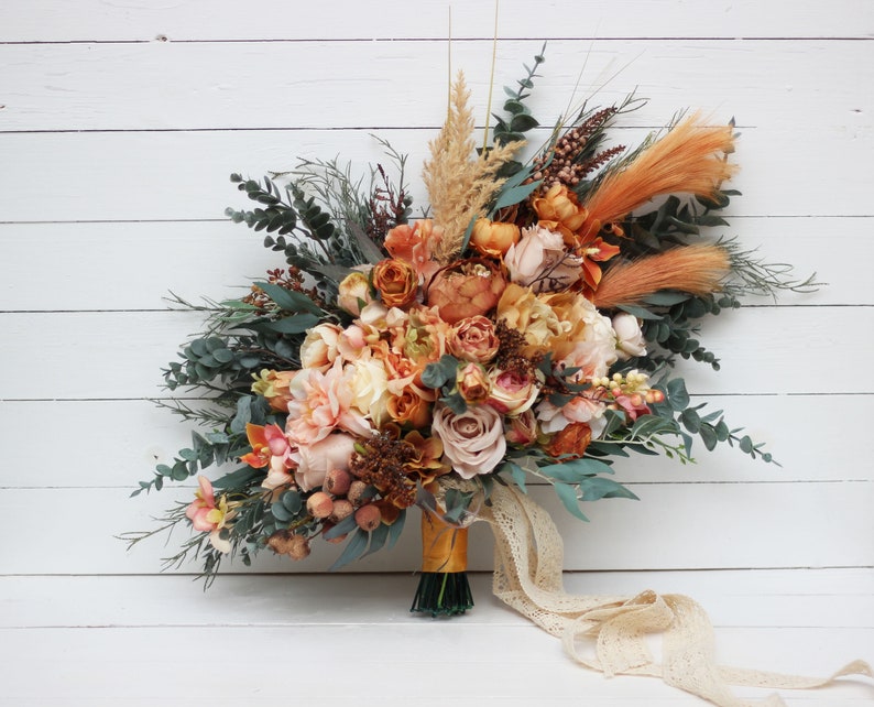 Boho bouquet Orange rust peach flowers Bridal bouquet Faux bouquet Fall wedding Silk flowers Boho wedding width 20 inch Bridal bouquet