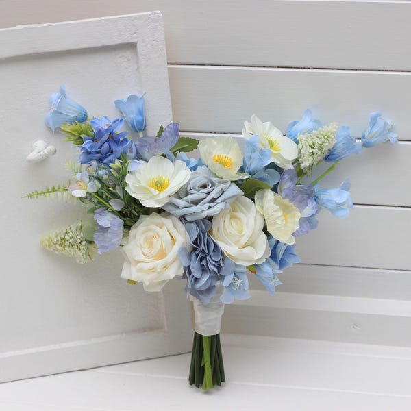 Dusty blue ivory white small bridal bouquet Bridesmaid flowers Pale blue ivory wedding flowers Boho wedding Wildflowers poppy bouquet