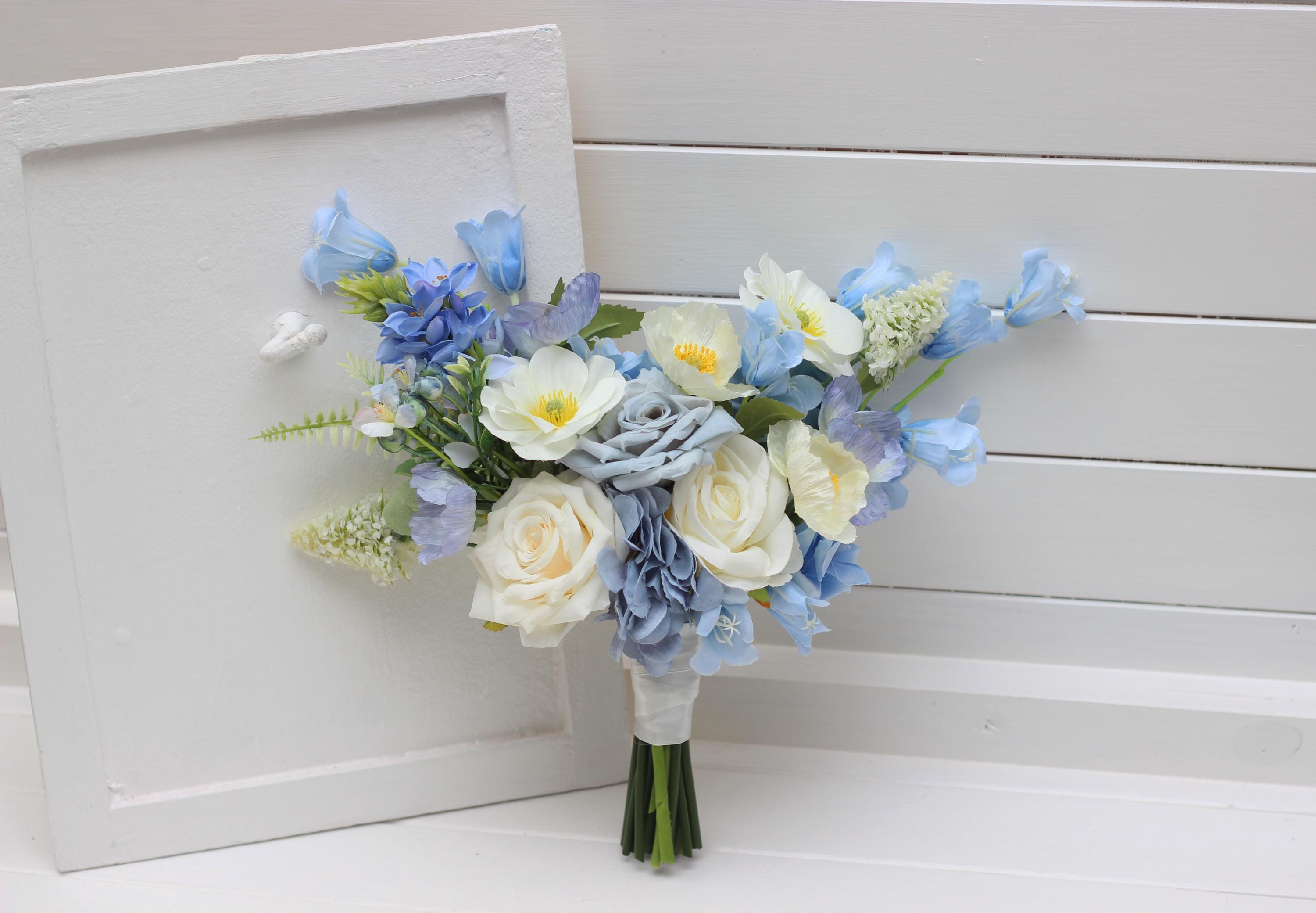 Dusty blue ivory white small bridal bouquet Bridesmaid flowers Pale blue ivory wedding flowers Boho wedding Wildflowers poppy bouquet