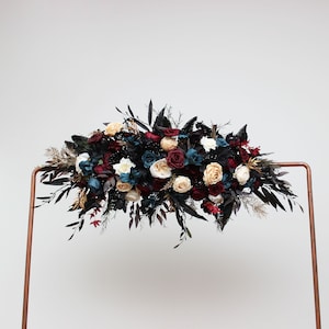 Dark teal burgundy black cream arch flowers Halloween wedding Boho wedding flowers Faux flowers wedding arrangement