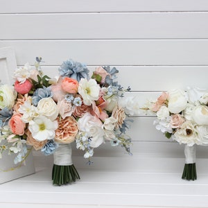 Spring summer wedding White beige peach dusty blue flowers Bridal bouquet Faux blooms Pastel wedding  Daisy bouquet