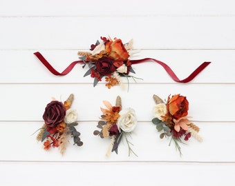 Rust burgundy ivory boutonnieres Flower accessories Boutonniere Buttonhole Fall wedding flowers Groom Groomsmen Corsage