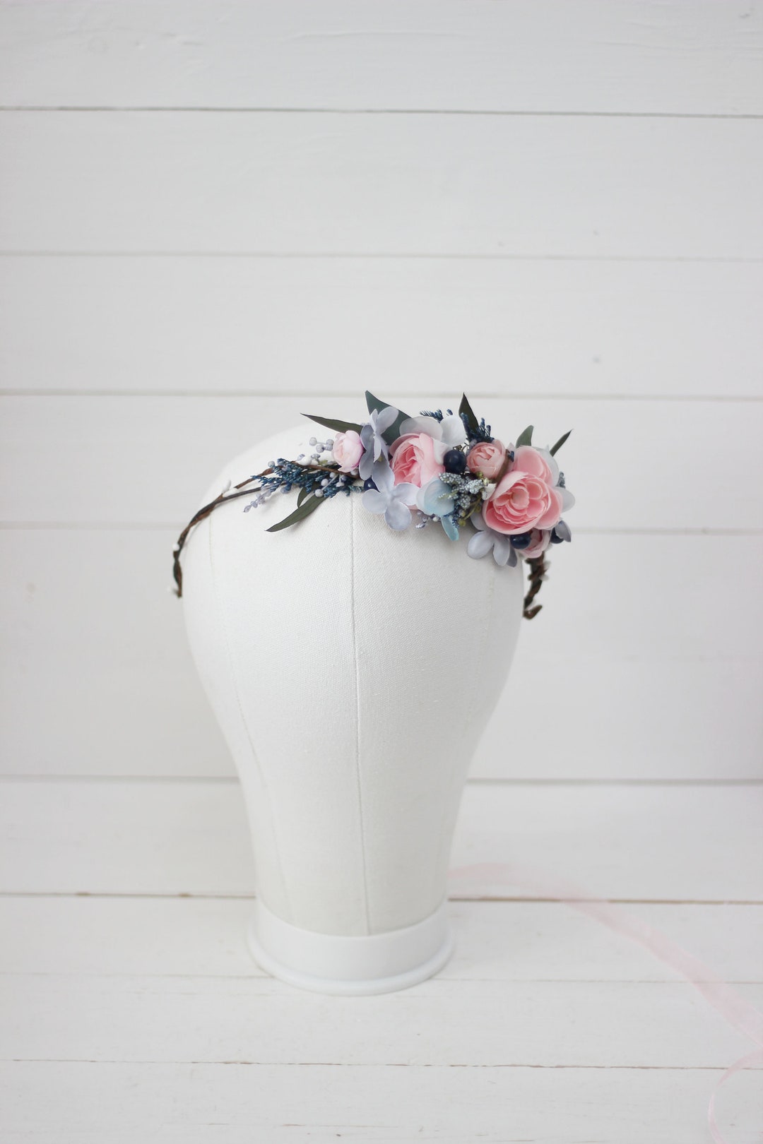 Pale Blue Pink Flower Crown Dusty Blue Headpiece Navy Blue Etsy