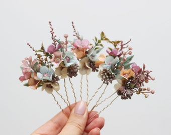 2-5 days to USA Set of 5 hair pins  Pastel flower hair pins Dusty rose wedding Wildflowers pins Wedding flowers Bridesmaid pins-0004