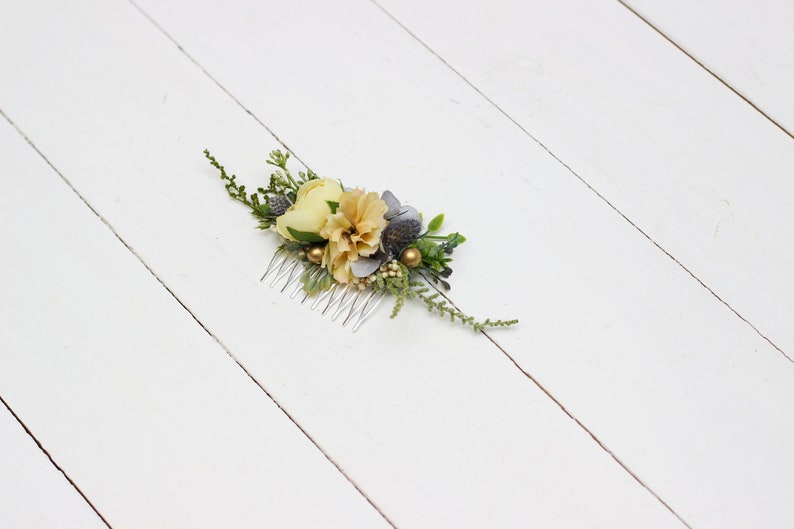 Pale blue yellow gold flower comb Hair flowers Bridal floral headpiece Wedding flowers Floral accessories Bridesmaid comb Outdoor Hairpiece