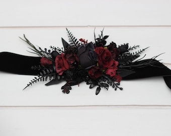 Burgundy black flower belt Bridal accessories Bridesmaid floral sash Fall wedding Halloween wedding Dress belt Gothic wedding
