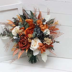 Small bridal bouquet Bridesmaid bouquet Burnt orange ivory mustard blue Bridal bouquet  Fall wedding  Faux blooms Boho wedding-size 12 inch